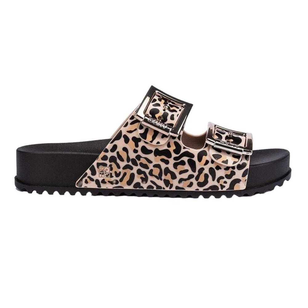 Zaxy Womens/Ladies Leopard Print Double Buckle Sliders / Beige